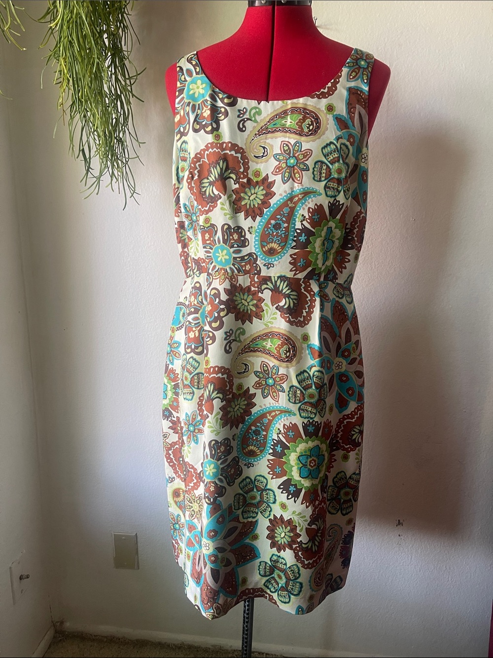 Donna Morgan 100silk Paisley Floral Midi Dress with Turquoise and Brown Accents